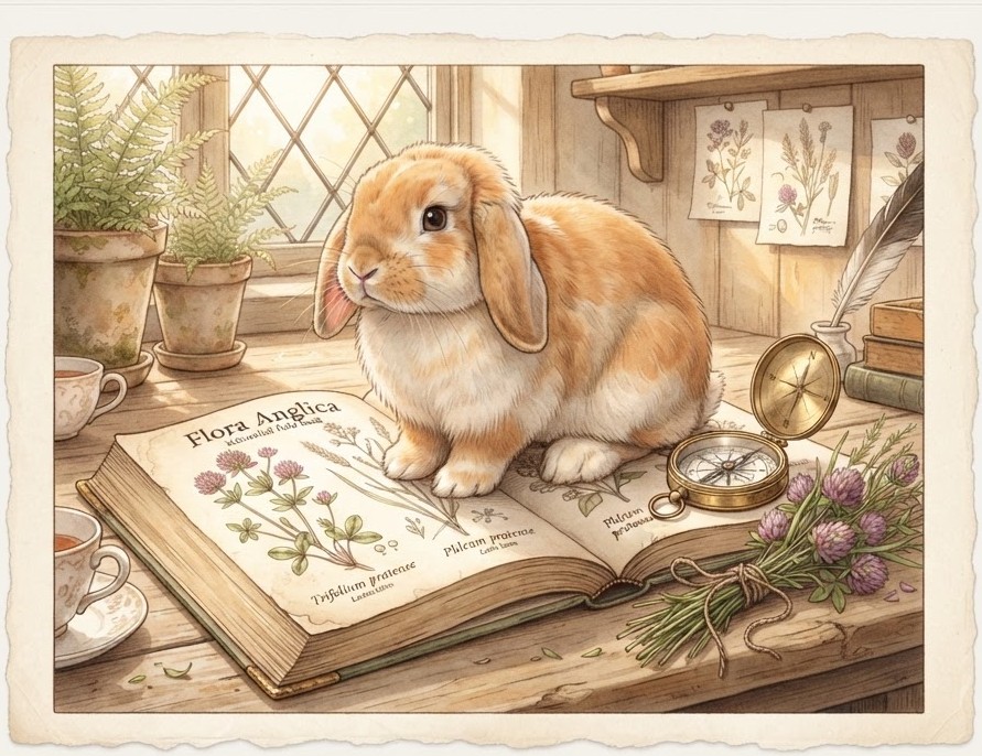 Holland Lop sitting on an open field guide beside a compass and a tied bunch of clover.